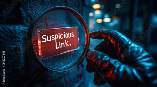A magnifying glass hovering over a phishing email with a red warning label saying 