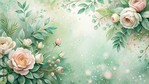 Elegant Pastel Roses and Lush Greenery Frame a Serene Watercolor Background Perfect for Design Projects and Digital Applications