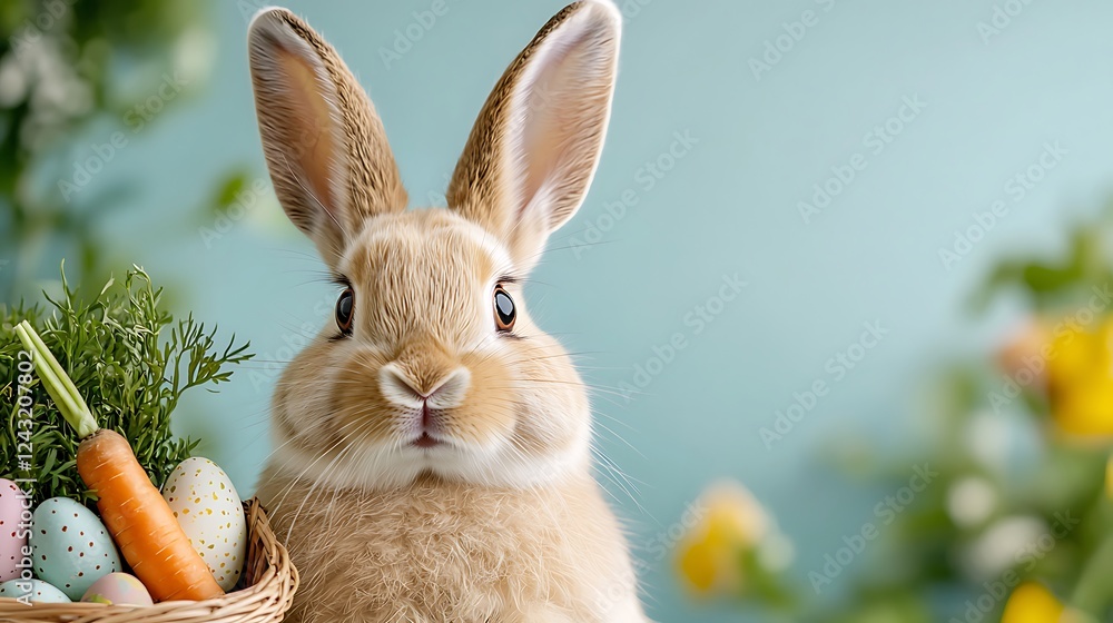 Obraz premium Easter day celebration with pastel tone eggs and bunny outdoors festive atmosphere