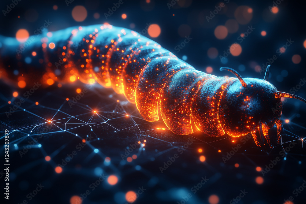 A digital worm crawling through a network, symbolizing malware infections. Bright lighting, contrast A digital worm crawling through a network, symbolizing malware infections. Bright lighting, contrast