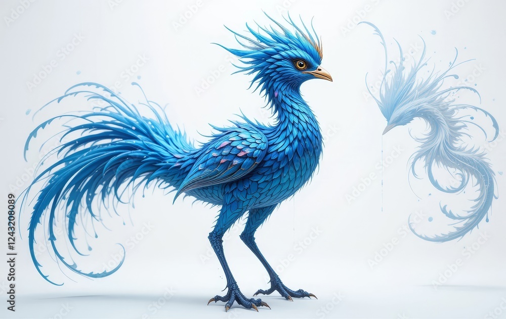 Obraz premium A digital illustration of a blue bird creature with iridescent feathers on a white background