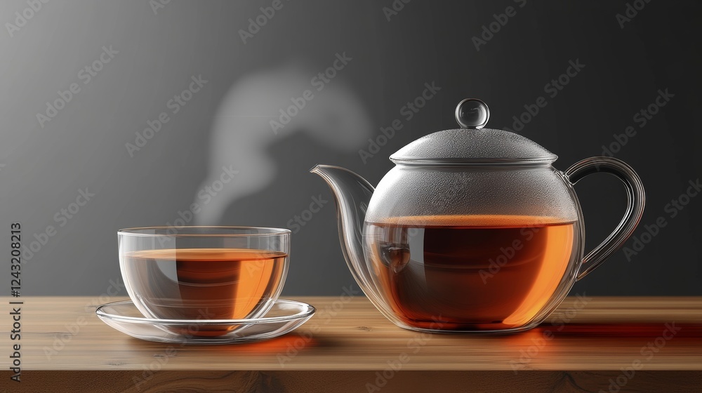 Glass cup of tea and glass teapot. Hot drink in the transparent cup on isolated background. Realistic vector illustration Glass cup of tea and glass teapot. Hot drink in the transparent cup on isolated background. Realistic vector illustration