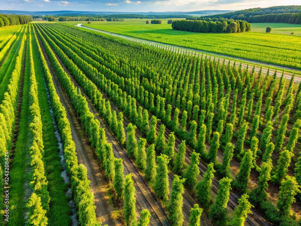 Fototapeta premium Aerial Drone Shot: Lush Green Hop Fields, Organic Beer Brewing Farm, Countryside Landscape