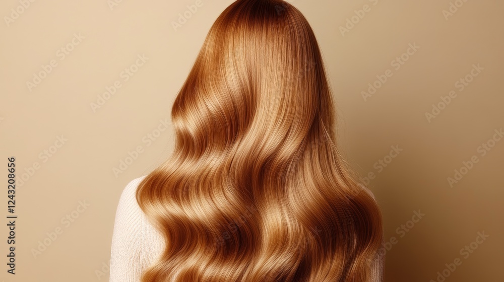Fototapeta premium Back view of woman with long beautiful blond hair isolated on beige background. Dyeing and hair care. Shiny smooth blonde hair