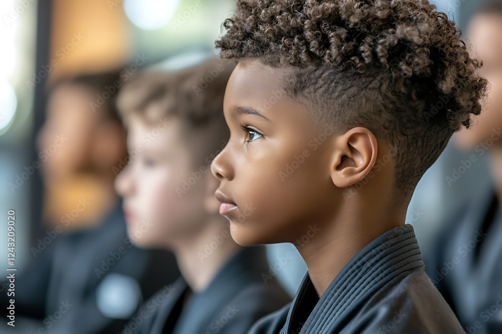 A group of children between the ages of 7 and 12 practicing Brazilian Jiu-Jitsu (BJJ) together in a well-lit training facility A group of children between the ages of 7 and 12 practicing Brazilian Jiu-Jitsu (BJJ) together in a well-lit training facility