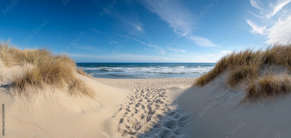A serene beach view framed by sand dunes, with gentle waves lapping against the shore under a clear blue sky. A serene beach view framed by sand dunes, with gentle waves lapping against the shore under a clear blue sky.
