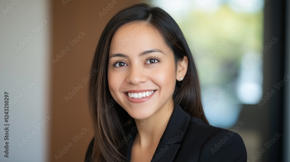 A woman with a radiant smile stands in a contemporary office, dressed in a stylish black blazer A woman with a radiant smile stands in a contemporary office, dressed in a stylish black blazer