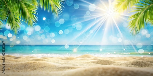 Tropical Summer Beach Vacation: Sunlit Sand, Sparkling Ocean, Blurred Background