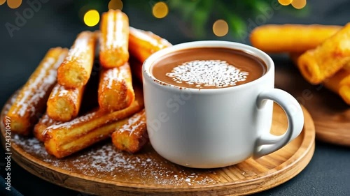Pile of churros with powdered sugar and hot chocolate on wooden plate Happy Cinco de mayo
