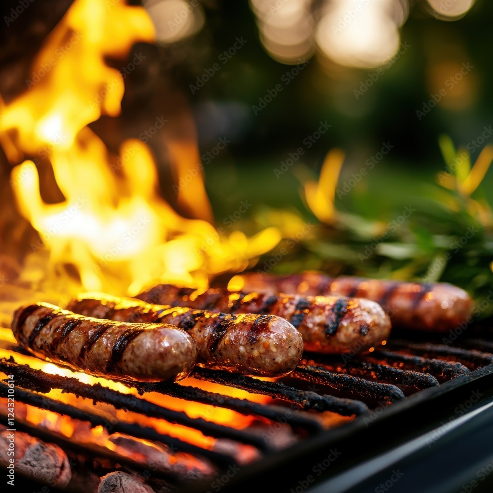 Succulent sausages grilling over an open flame, capturing the essence of outdoor cooking and summer gatherings. Succulent sausages grilling over an open flame, capturing the essence of outdoor cooking and summer gatherings.