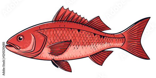 Detailed illustration of a red snapper fish, vibrant scarlet scales, large eyes, prominent fins, realistic anatomy, scientific diagram style, clean white background, single fish, side view, crisp line