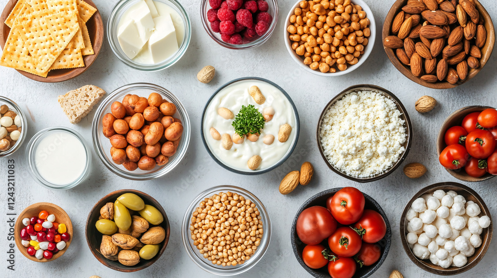 A table adorned with bowls of various foods, visually representing common allergens like peanuts, dairy, and gluten. A table adorned with bowls of various foods, visually representing common allergens like peanuts, dairy, and gluten.