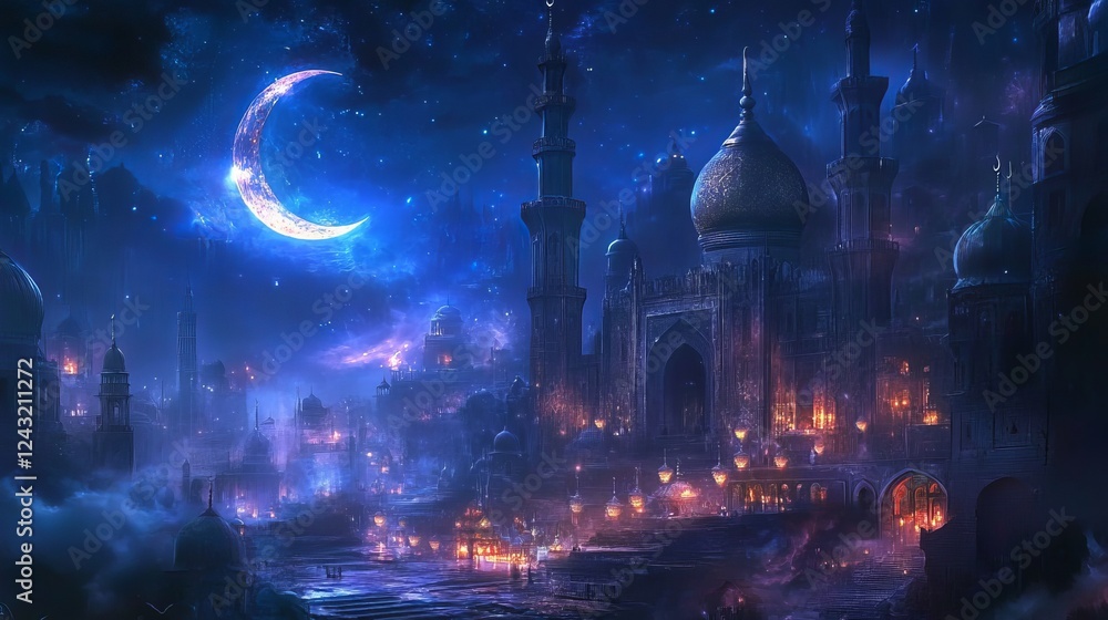 Celebrate Ramadan, a holy month in Islam, with this beautiful image. It features the crescent moon and a mosque, symbols of the Islamic faith, and lanterns, traditional decorations during Ramadan. Celebrate Ramadan, a holy month in Islam, with this beautiful image. It features the crescent moon and a mosque, symbols of the Islamic faith, and lanterns, traditional decorations during Ramadan.
