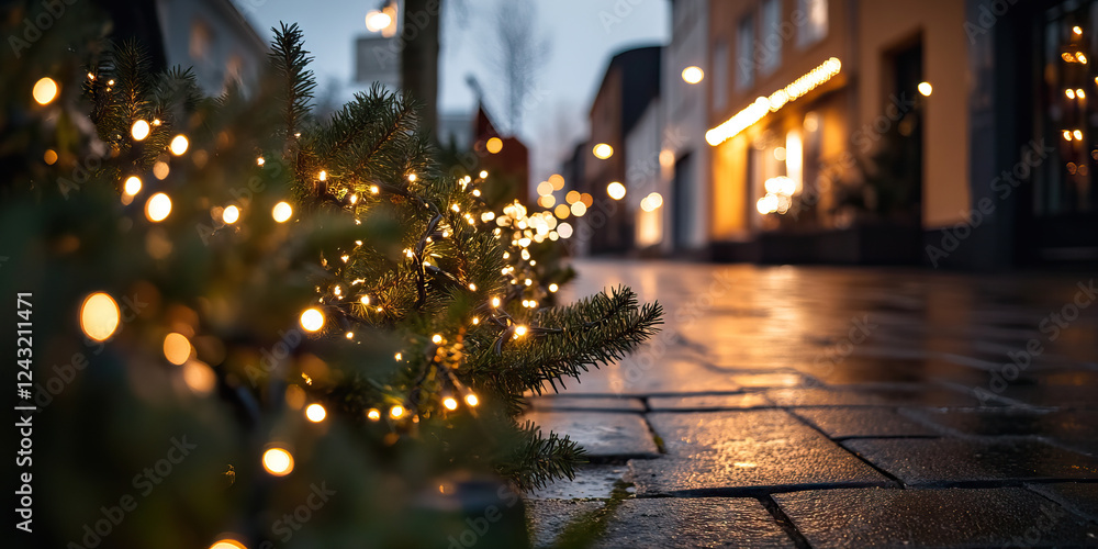 Evergreen Branches with String Lights on Cobblestone Street at Dusk Evergreen Branches with String Lights on Cobblestone Street at Dusk