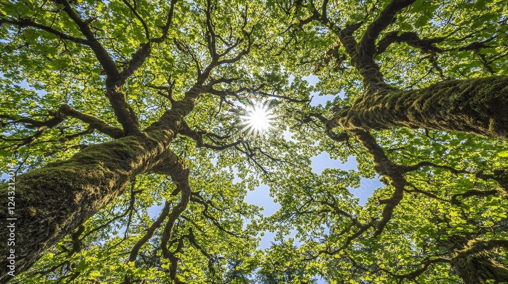 Fototapeta premium Sunlight Filtering Through Lush Green Leaves in a Tranquil Forest Canopy from Below Perspective