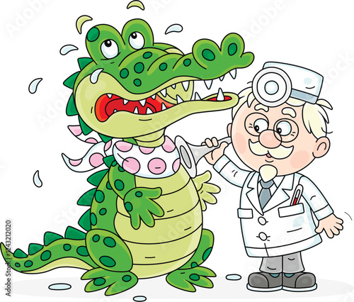 Good old doctor with a stethoscope listening to a sick green crocodile with a sore throat, vector cartoon illustration on a white background