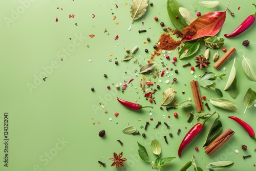 Creative mockup with flying spices, chili, cinnamon, pepper, bay leaf, cloves and star anise scattered on a soft green background with copy space.