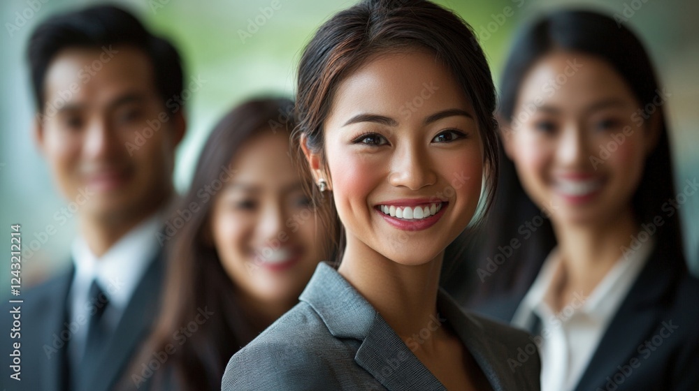 Confident Asian Businesswoman Smiling with Diverse Team in Background Confident Asian Businesswoman Smiling with Diverse Team in Background