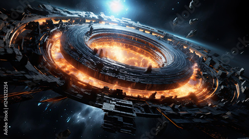 Fototapeta Naklejka Na Ścianę i Meble -  Fiery Rings of a Cosmic Space Station Orbiting a Distant Planet