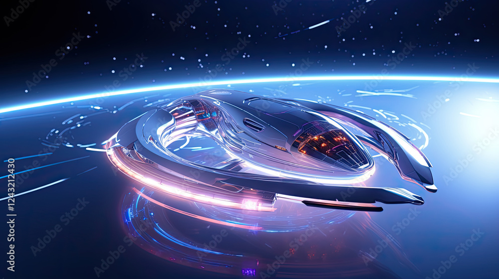 Futuristic spaceship soaring through a vibrant nebula above a distant planet Futuristic spaceship soaring through a vibrant nebula above a distant planet