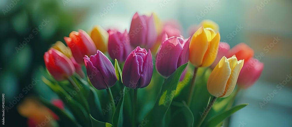 Colorful tulips bouquet, window background, spring Colorful tulips bouquet, window background, spring