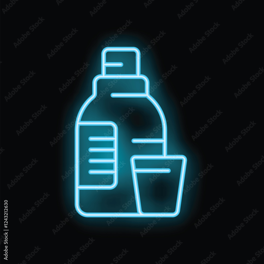 Blue neon icon of a medicine bottle with a measuring cup glowing on a black background Blue neon icon of a medicine bottle with a measuring cup glowing on a black background