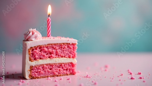 Single candle on a slice of pink birthday cake Close up view , birthday, food styling