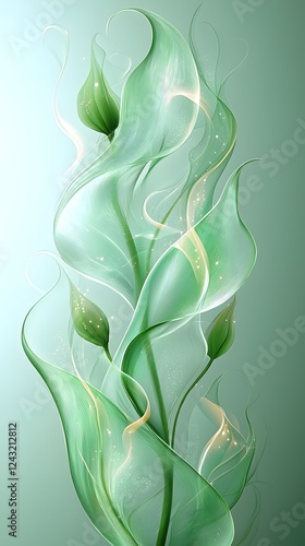 A stunning abstract illustration of green leaves with delicate swirls, evoking a serene and tranquil mood, perfect for nature-themed designs.