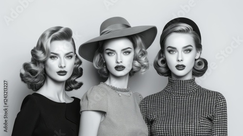 Fashion models, 1950's fashion style and make-up shoot black and white Portrait. Vintage style fashion model. Smokey make-up. Dramatic. Elegant.