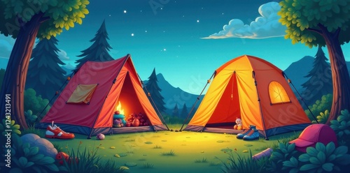 Brightly colored cartoon camping tent, gear scattered around , cartoon style, sky
