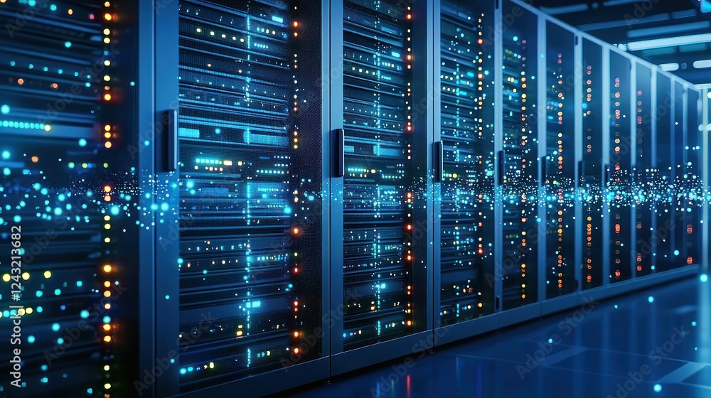 Modern Data Center Server Room with Glowing Blue Lights