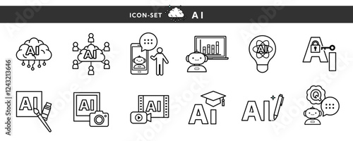 写真、イラスト、動画など生成AIとテクノロジー　最先端技術のアイコン素材セット