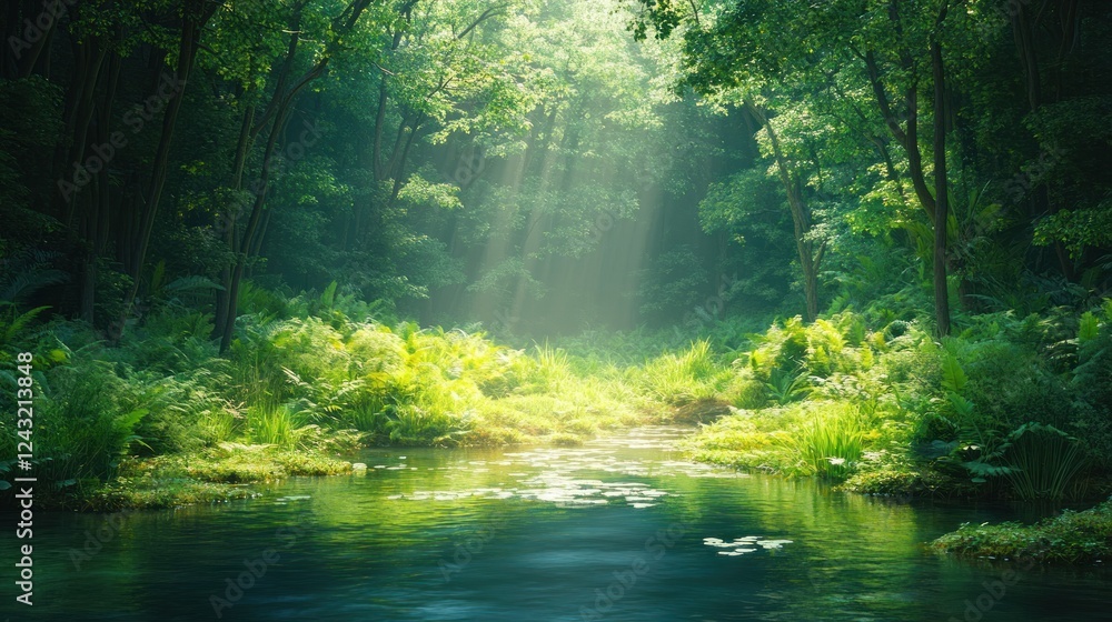 Fototapeta premium Sunlight streams through rainforest, tranquil stream