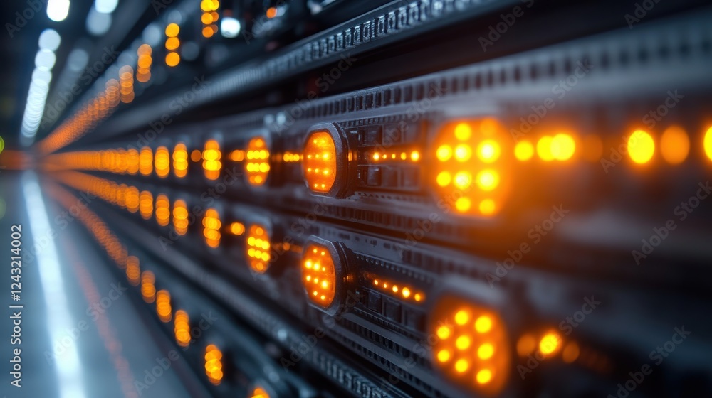 Close-up of illuminated server racks in a data center showcasing technology and connectivity Close-up of illuminated server racks in a data center showcasing technology and connectivity