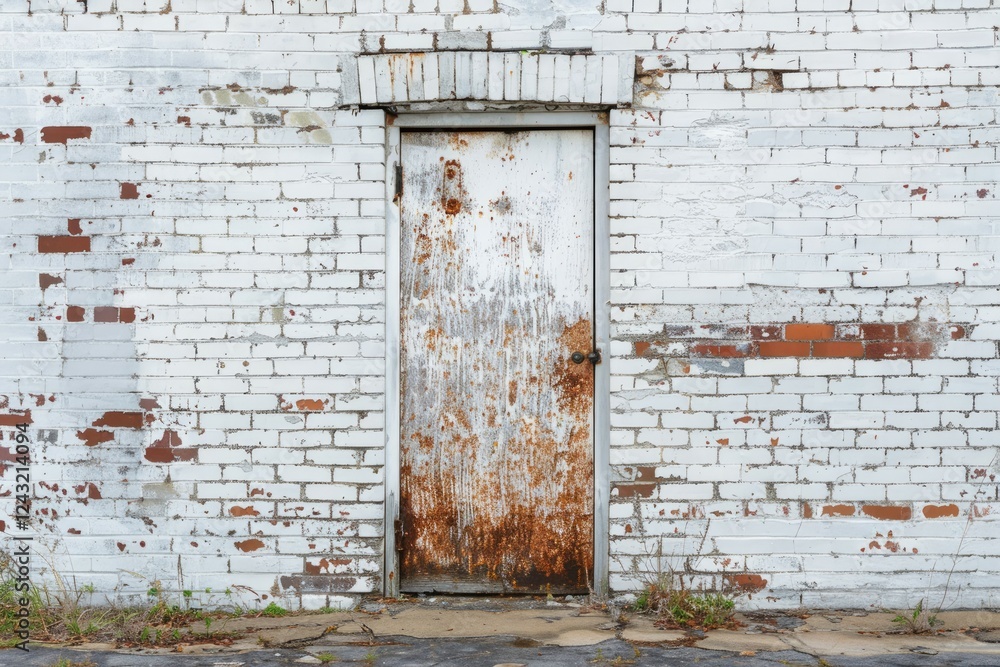 Naklejka premium White brick wall with old rustic door in european city. Detailed photo textured background