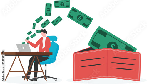 Man relaxing on sofa while money comes out from his laptop, passive income, freelancer, work from home concept,

