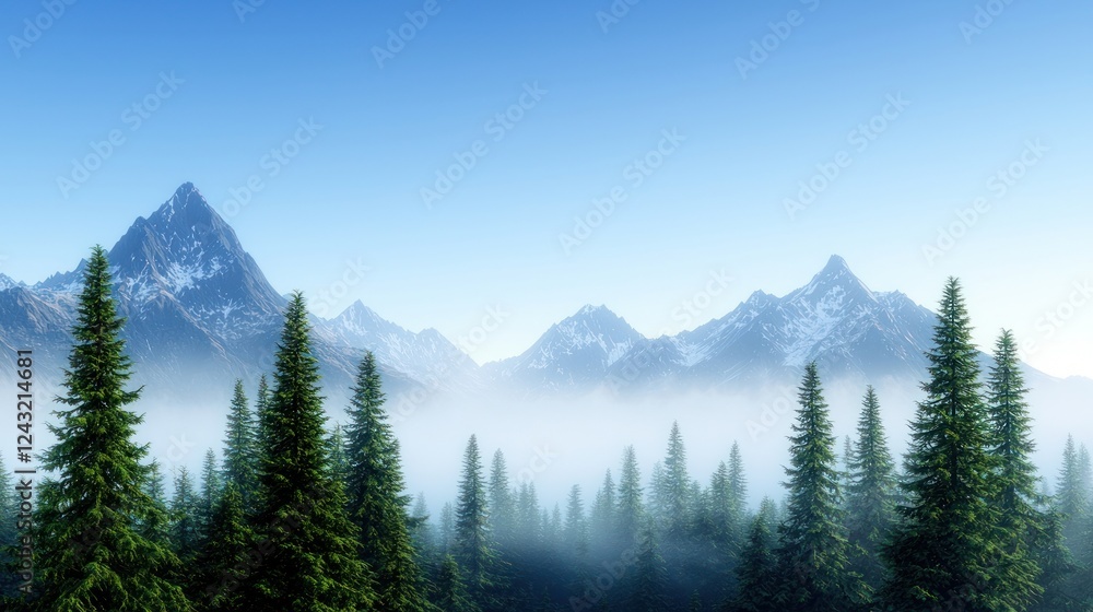 Fototapeta premium Misty Mountain Range with Fog and Snowcapped Peaks