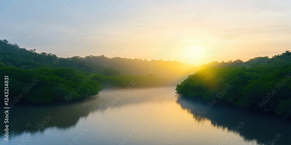 Fototapeta premium A calm river with a sun setting in the background. The water is still and the sky is a mix of orange and pink. The scene is peaceful and serene