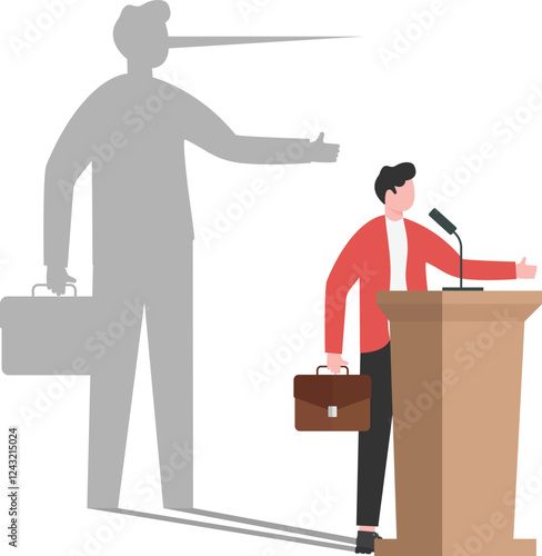 Fake News Landing Page Template. Male Character Liar with Long Nose Shade on Wall Stand On Podium Addressing A Crowd.


