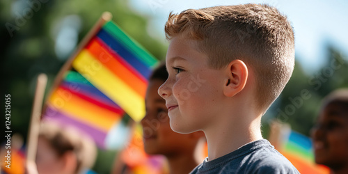 Young Boy at Pride Event with Rainbow Flags photo