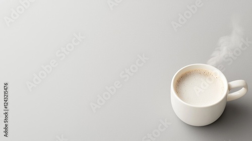 Steaming coffee cup on grey background, morning beverage photo