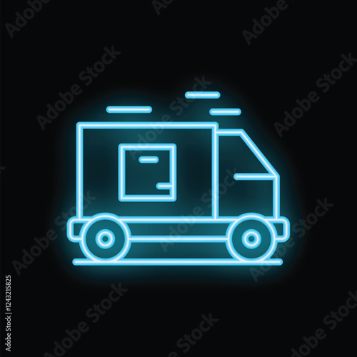 Neon blue delivery truck icon is glowing on a dark background, symbolizing fast shipping and logistics