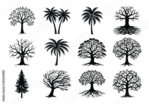 Tree silhouette collection. various trees vector on white background