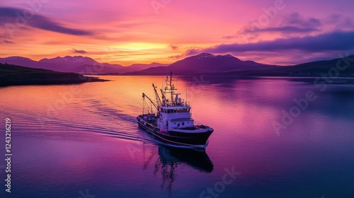 A tranquil fishing boat glides across calm waters during a vibrant purple sunset in a coastal landscape.