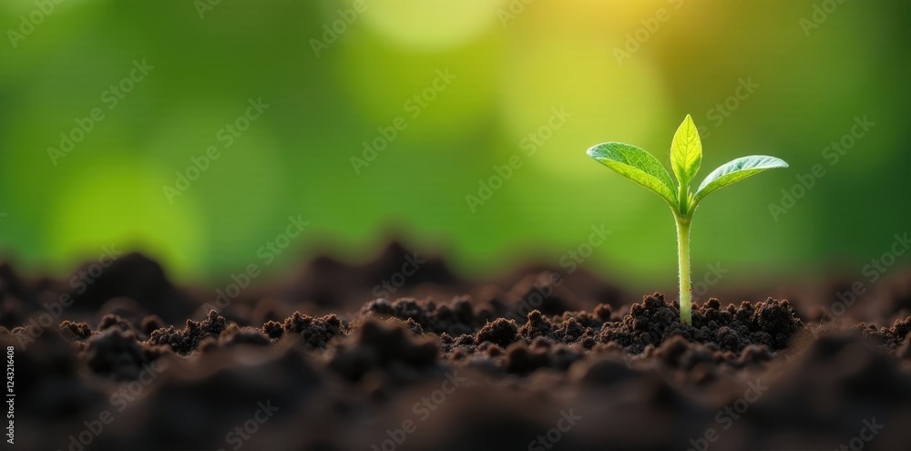 Fototapeta premium Seedlings sprouting in fertile soil, close-up , stem, ecology, bud