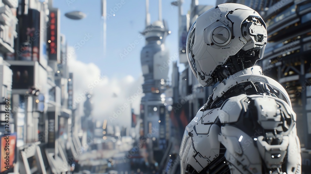 Fototapeta premium A white robot standing in a futuristic city.
