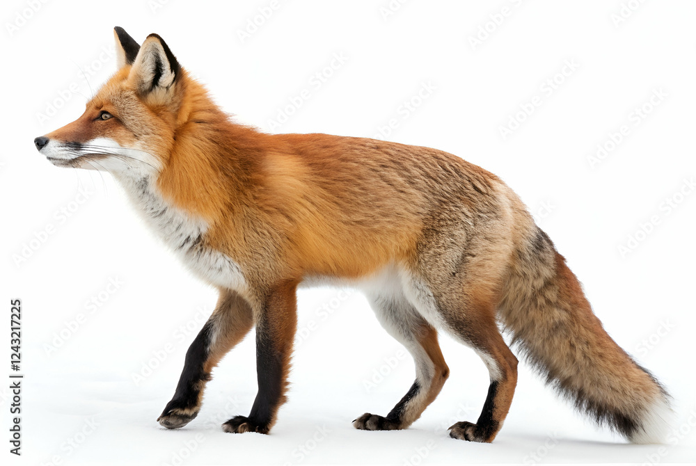 Fototapeta premium A red fox walking gracefully, showcasing its vibrant fur and bushy tail, against a clean white background.