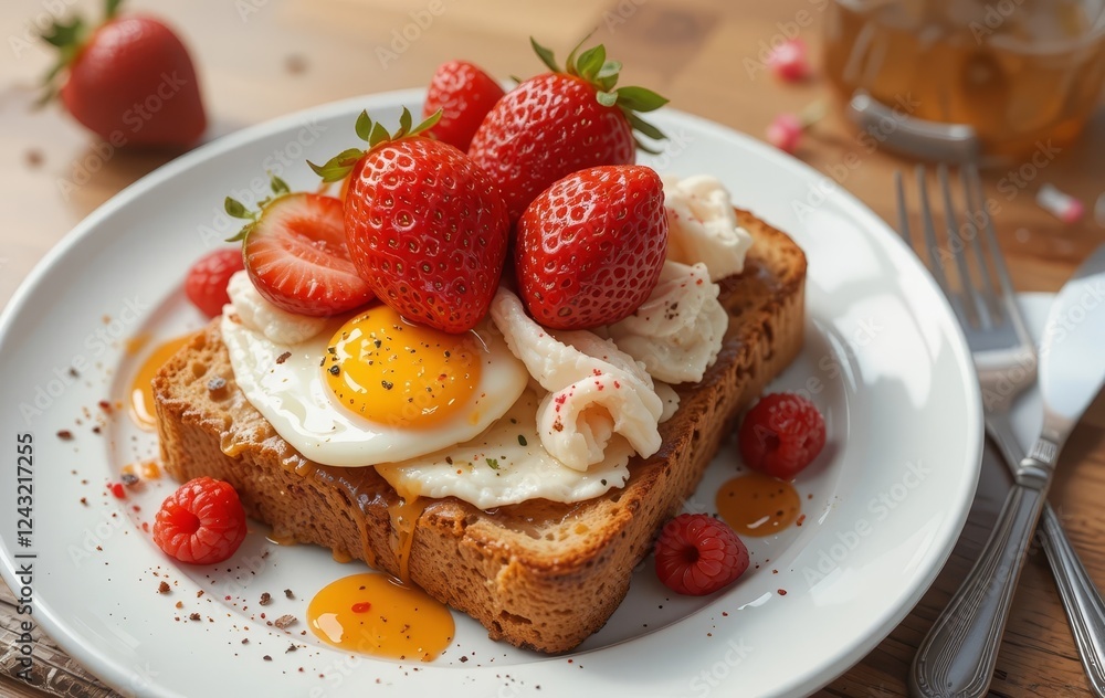 A plate of toast with strawberries, eggs, and cream on top, with a colorful and detailed background resembling a painting. A plate of toast with strawberries, eggs, and cream on top, with a colorful and detailed background resembling a painting.