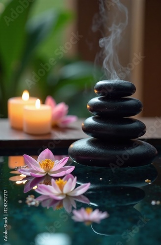 Tranquil spa Zen-inspired setting smooth black stones, warm candlelight reflecting off a shallow pool of crystal-clear water.  orchids and lotus flowers float on the surface, while gentle steam rises