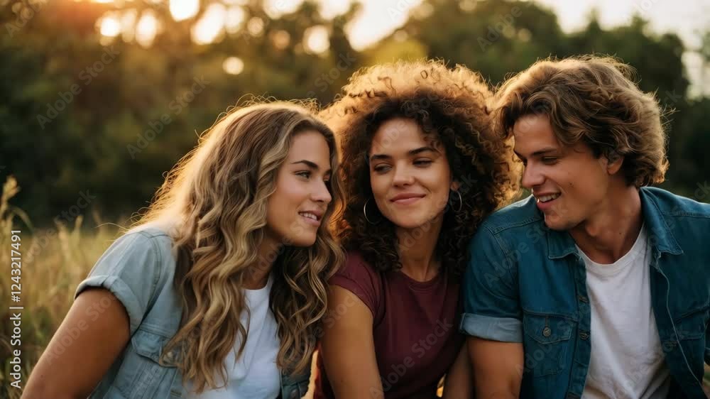 Lifestyle photograph of a group of young friends laughing and having fun, enjoying an outdoor event, with golden hour lighting Lifestyle photograph of a group of young friends laughing and having fun, enjoying an outdoor event, with golden hour lighting